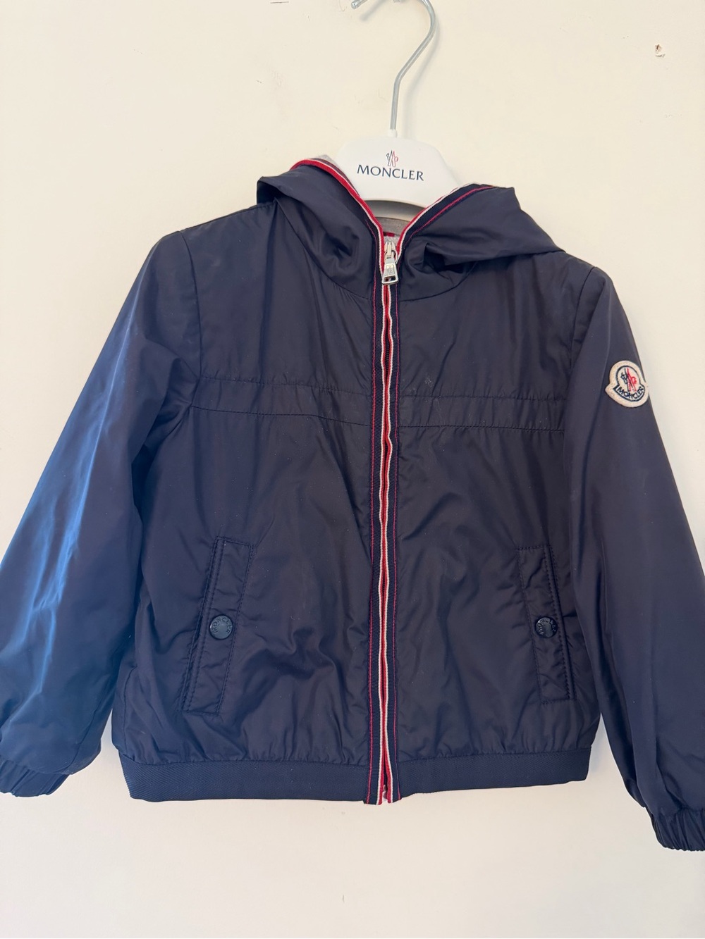 Moncler Kids Navy Hooded Puffer Jacket with Tricolor Zip Detail